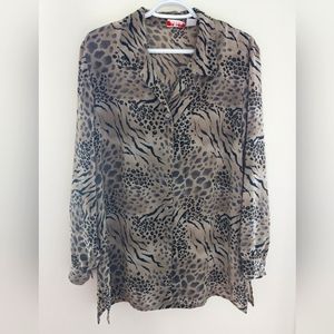 Vintage Alia Animal Print Button Down Shirt Black Tan Size 14